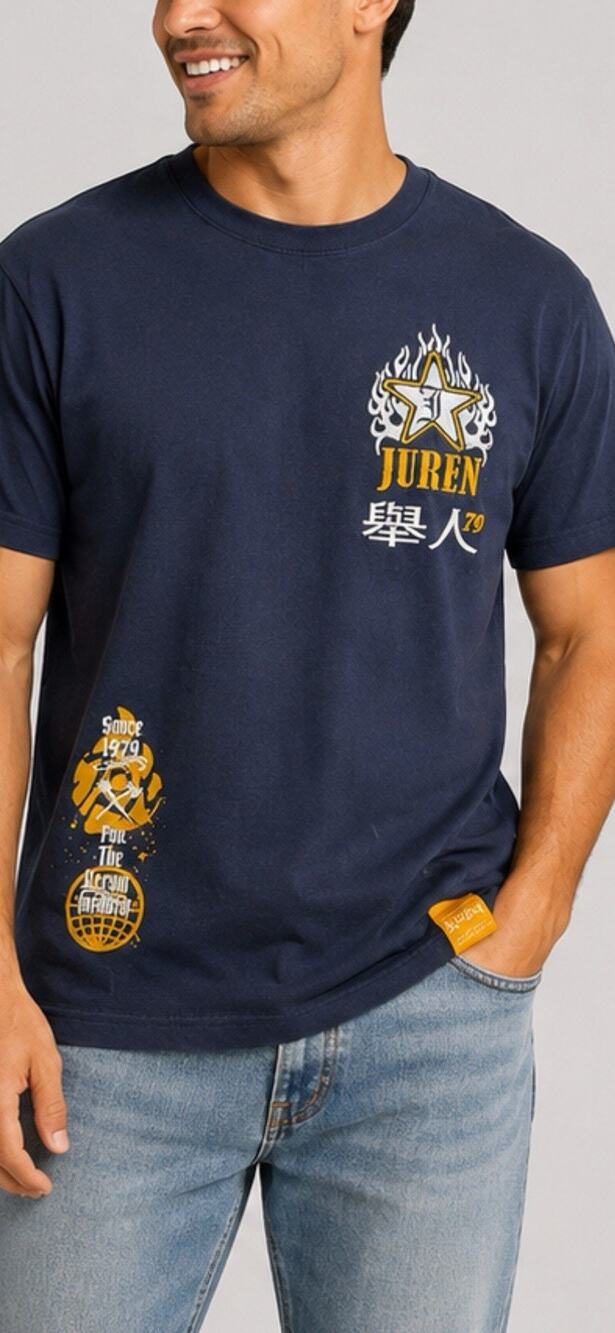 Juren Co Mens Small Graphic T Shirt Navy Blue Embroidered Star Since 1979